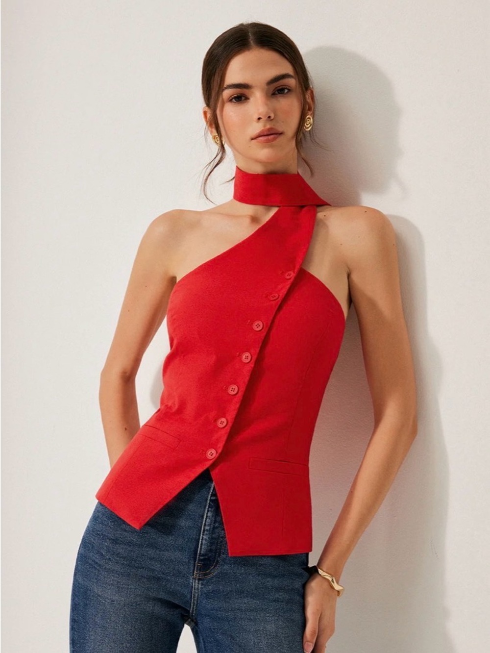 Commense Red Cotton & Linen Halter Top
